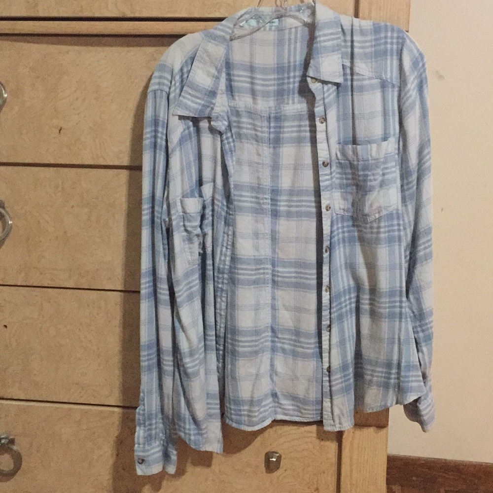 Blue and white  button up plaid shirt👍